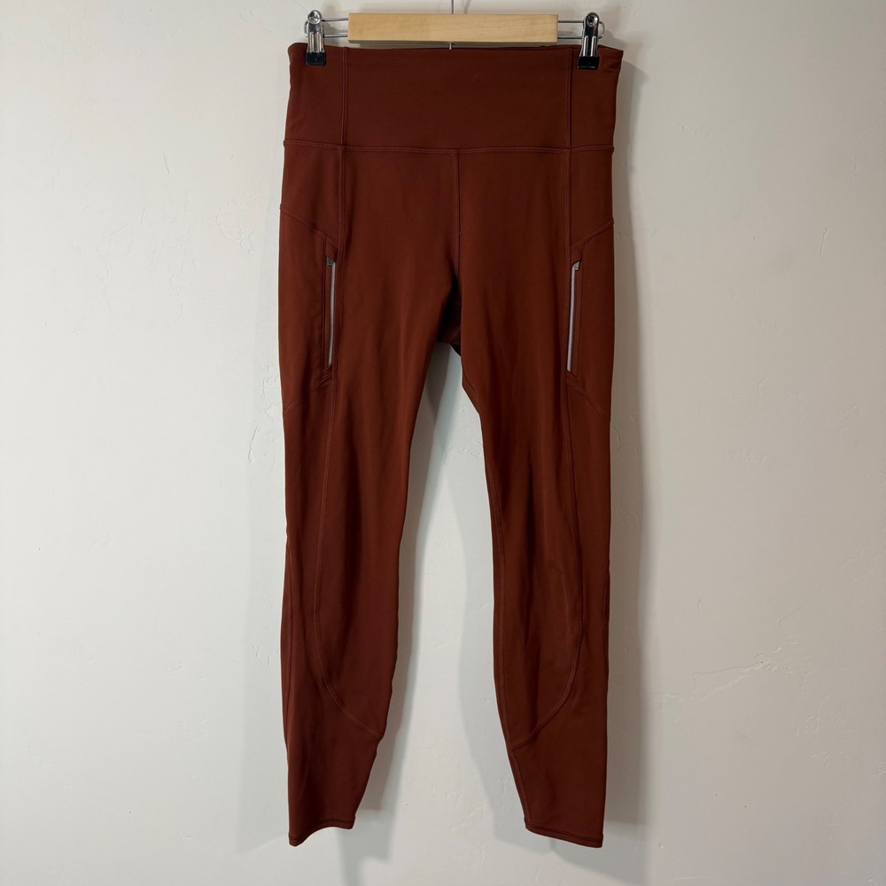Athleta Womens Rainier Tight Leggings M Rust Brown Running High Rise Pockets